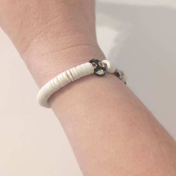 647 White Heishi Beaded Stretch with Black Colorful Beads and Silver Cross - Picture 2 of 4